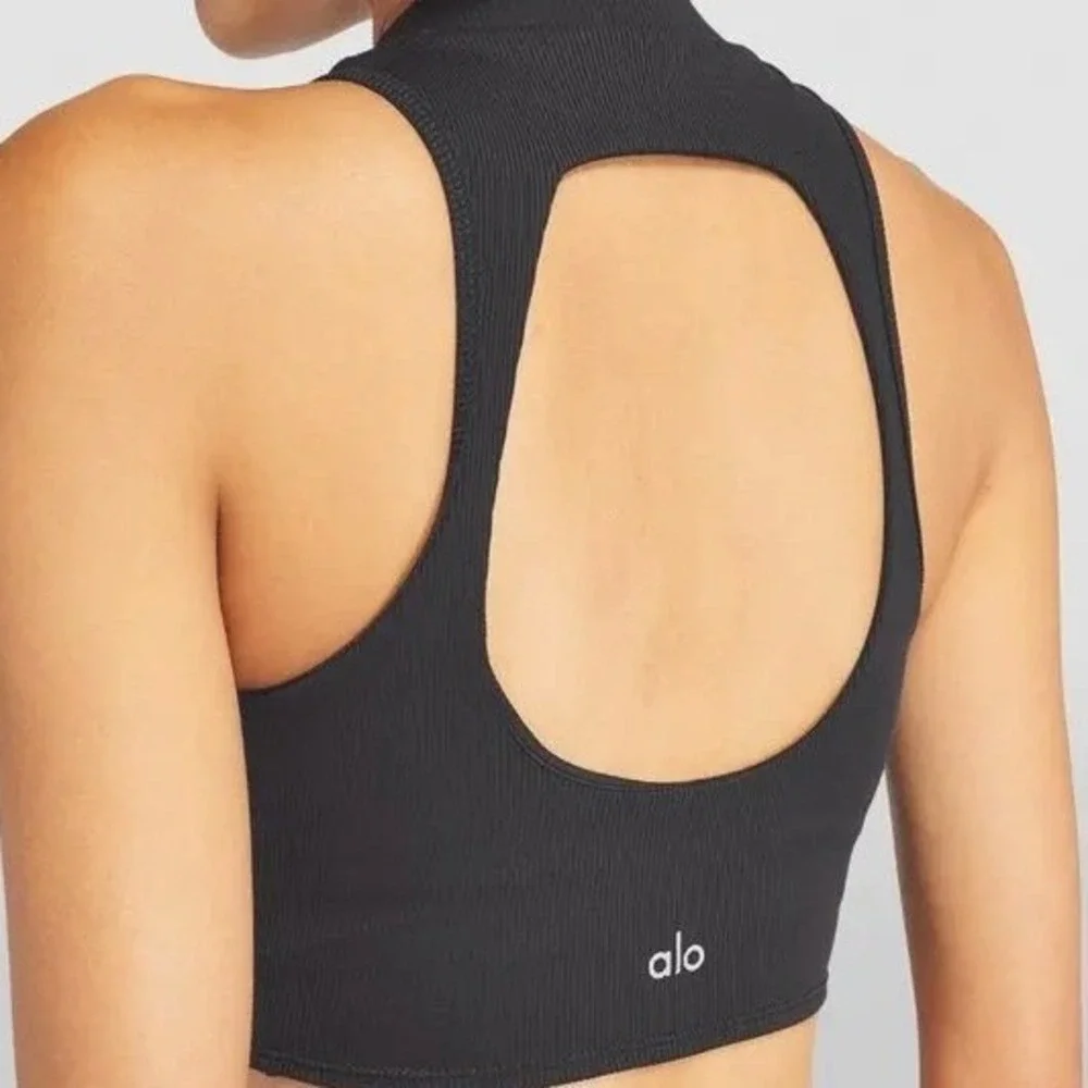 Alo Yoga Goddess Rib Cropped Dynamite Bra Black Mock Neck Tank Womens Small